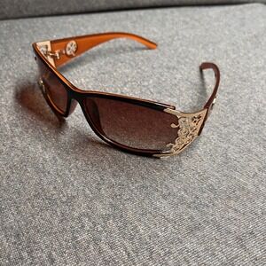 Unbranded Sunglasses Rectangle Wrap Filigree Clover Black Amber Brown